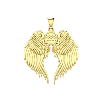 Guardian Angel Wings Solid Gold Pendant with Aquarius Zodiac Sign GPD5513 - Jewelry